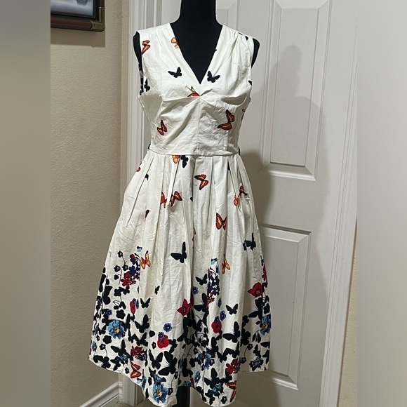 BELLE POGUE BUTTERFLY PRINT 1950’s STYLE ELEGANT RETRO, WOMENS DRESS SIZE M. - Picture 1 of 12